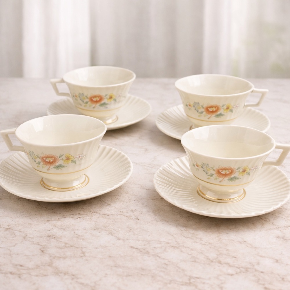 Lenox Temple Blossom Footed Cup & Saucer Set of 4 Floral Gold Trim China